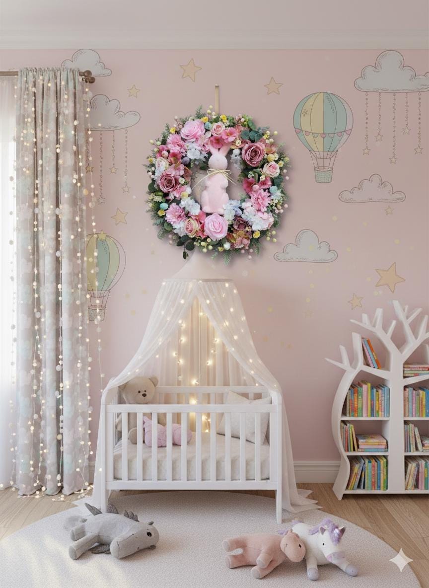 Luxury Easter Bunny Front Door Wreath, 50cm Pink and Cream Spring Floral Decor, Handmade and weather protected