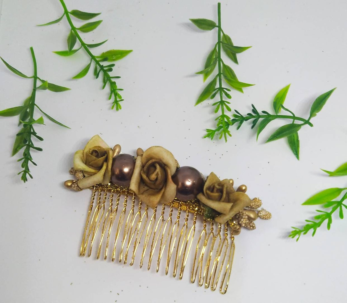Bridal hair set, Gold coloured floral hair comb and clips