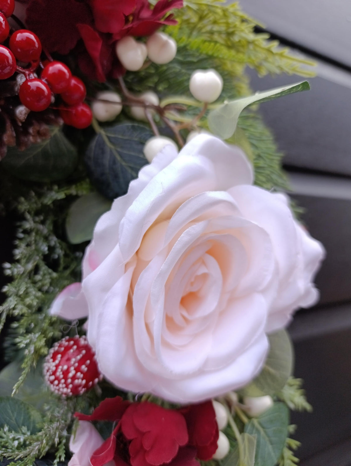 Pink & Burgundy Rose Wreath - Winter wreath with realistic textured greenery