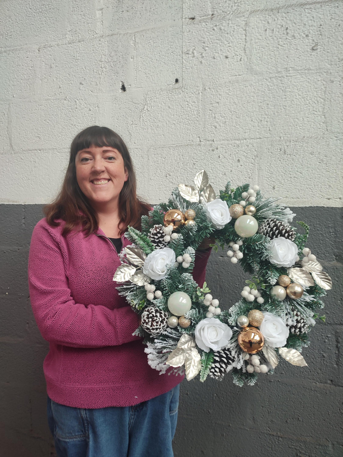 White Floral, Flocked Christmas Wreath