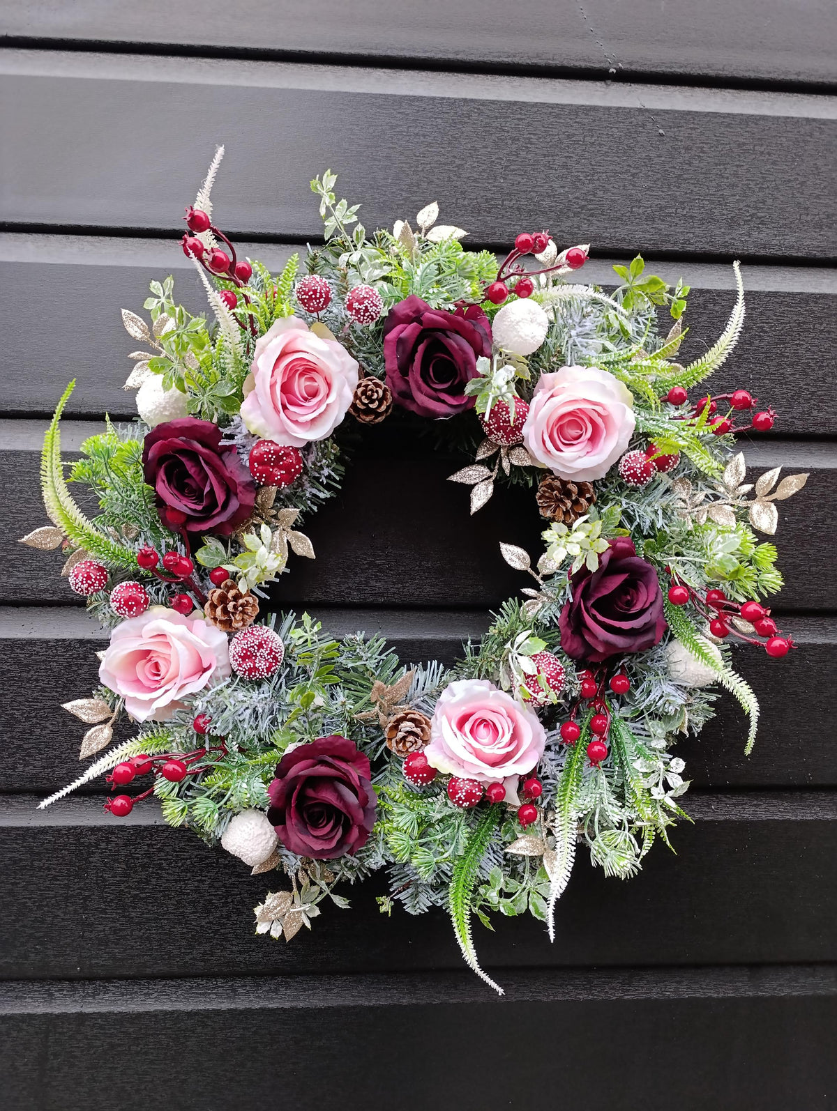 Handmade Frosted Winter Wreath 50cm – Burgundy and Gold Door Wreath | Luxury Christmas and Autumn Decoration