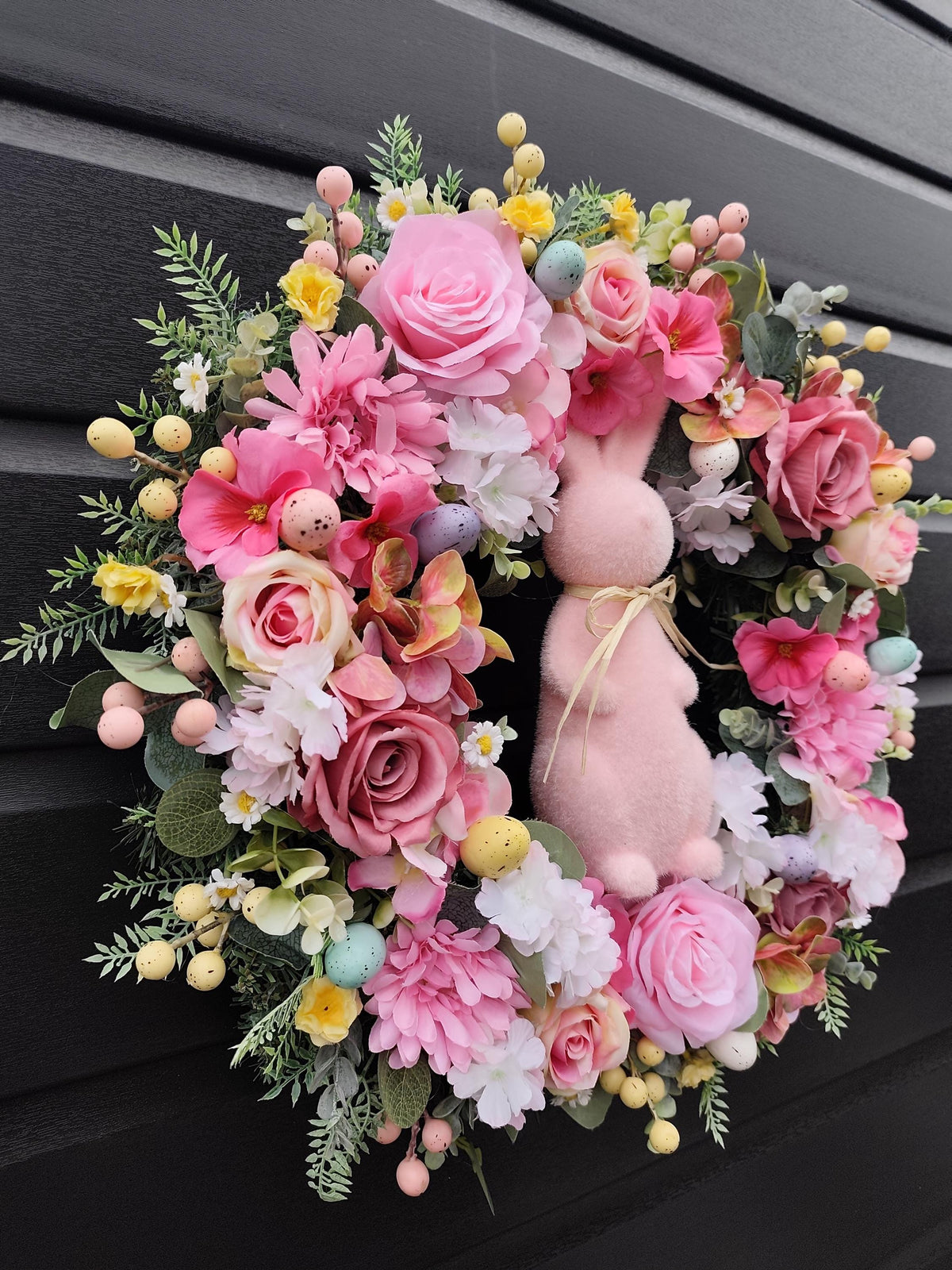 Luxury Easter Bunny Front Door Wreath, 50cm Pink and Cream Spring Floral Decor, Handmade and weather protected