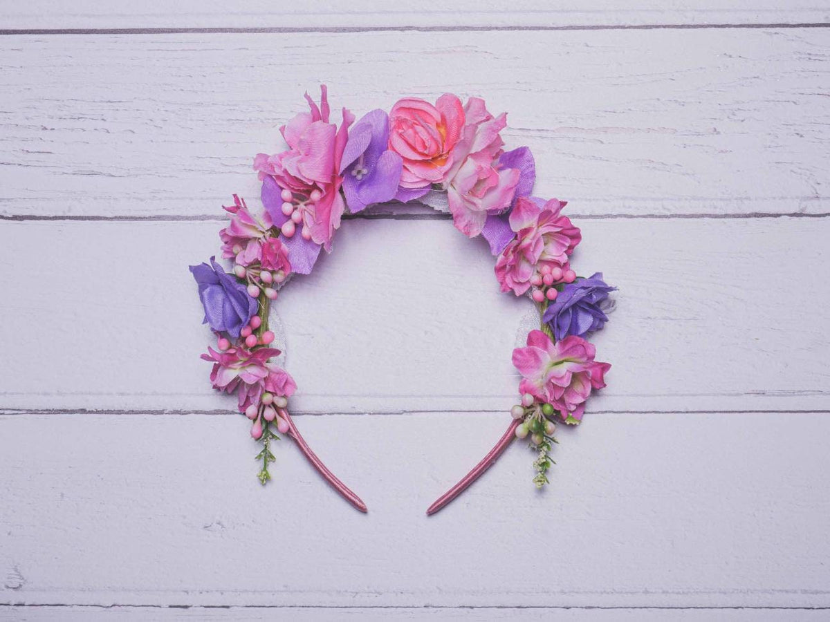 Girls Pink and Purple Hand Crafted Flower Alice Band - Flexible fit for all sizes