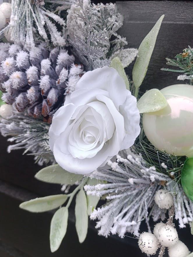 Luxury Flocked Christmas Wreath – Silver, White and Green Winter  Wreath with Roses, Pine Cones and Baubles – Elegant Handmade UK Décor