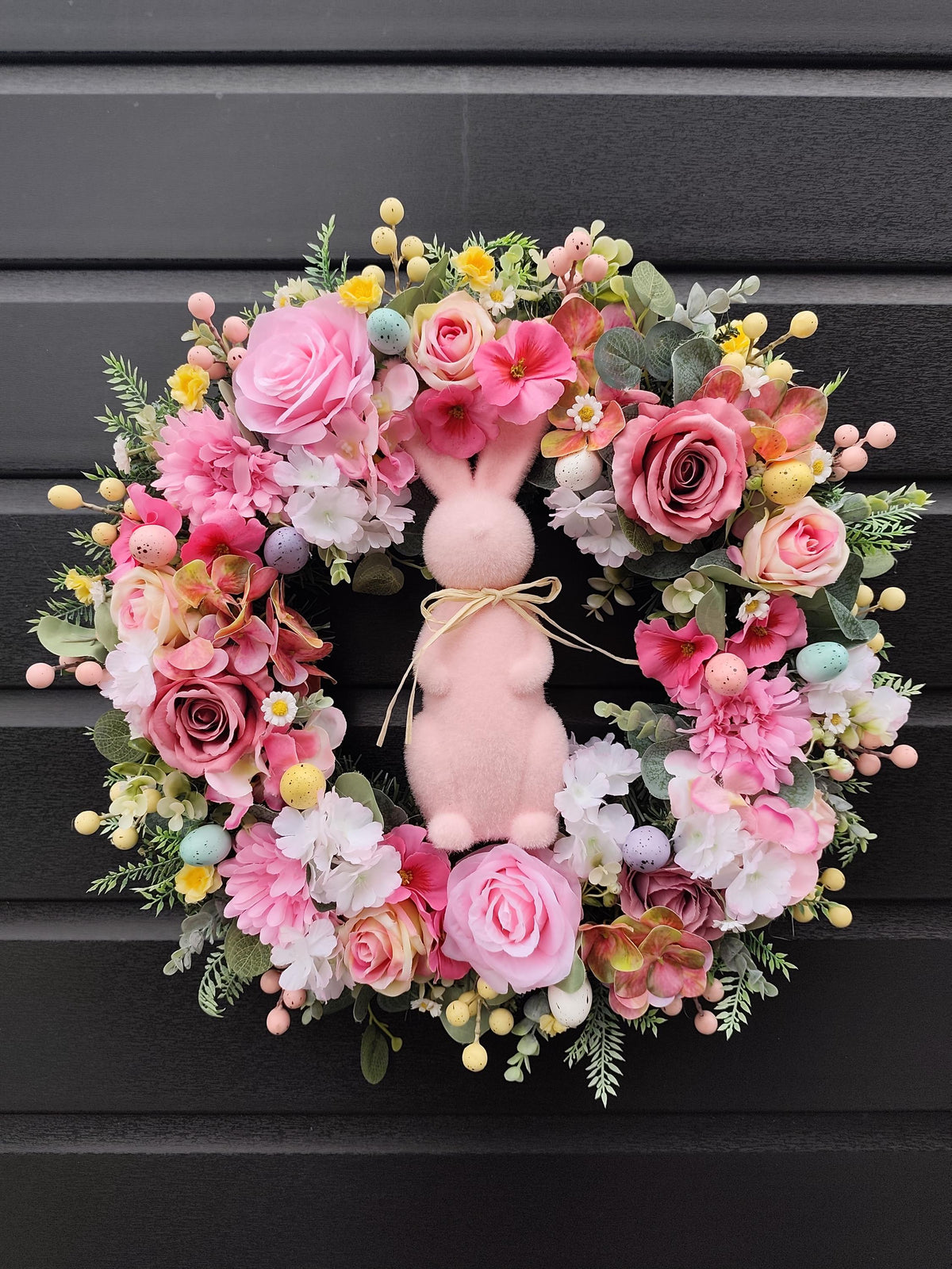 Luxury Easter Bunny Front Door Wreath, 50cm Pink and Cream Spring Floral Decor, Handmade and weather protected