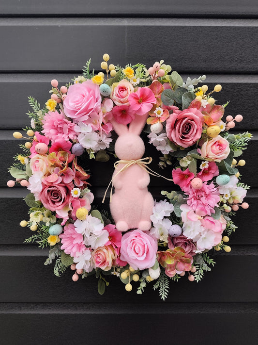 Luxury Easter Bunny Front Door Wreath, 50cm Pink and Cream Spring Floral Decor, Handmade and weather protected