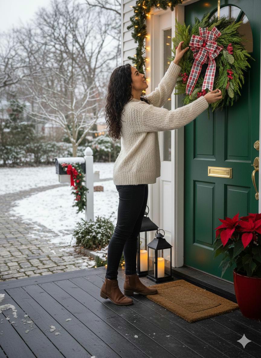 Norfolk Pine and Cedar Realistic Greenery Wreath with Red Berries and Feature Plaid Tartan Bow