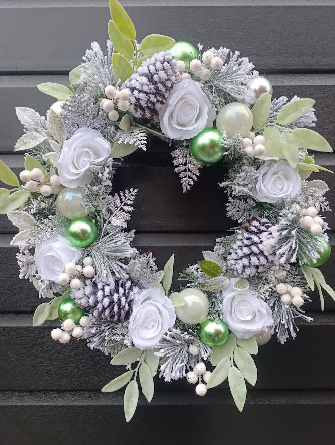 Luxury Flocked Christmas Wreath – Silver, White and Green Winter  Wreath with Roses, Pine Cones and Baubles – Elegant Handmade UK Décor