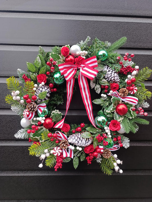Traditional 60 cm Christmas Wreath with Red Roses, Flocked Pine Cones and Candy Cane Accents