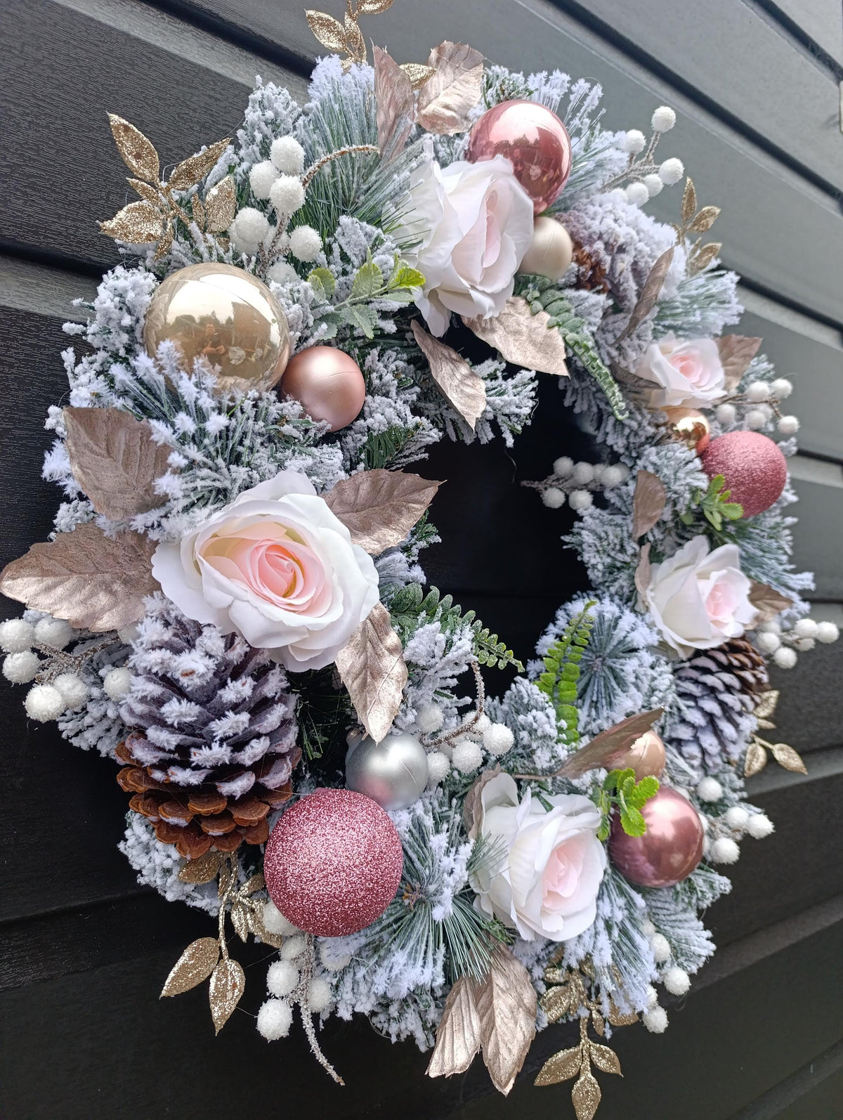 Pink, Flocked, Floral Christmas Wreath (50cm or 60cm) in choice of Baby Pink or Dusty Pink