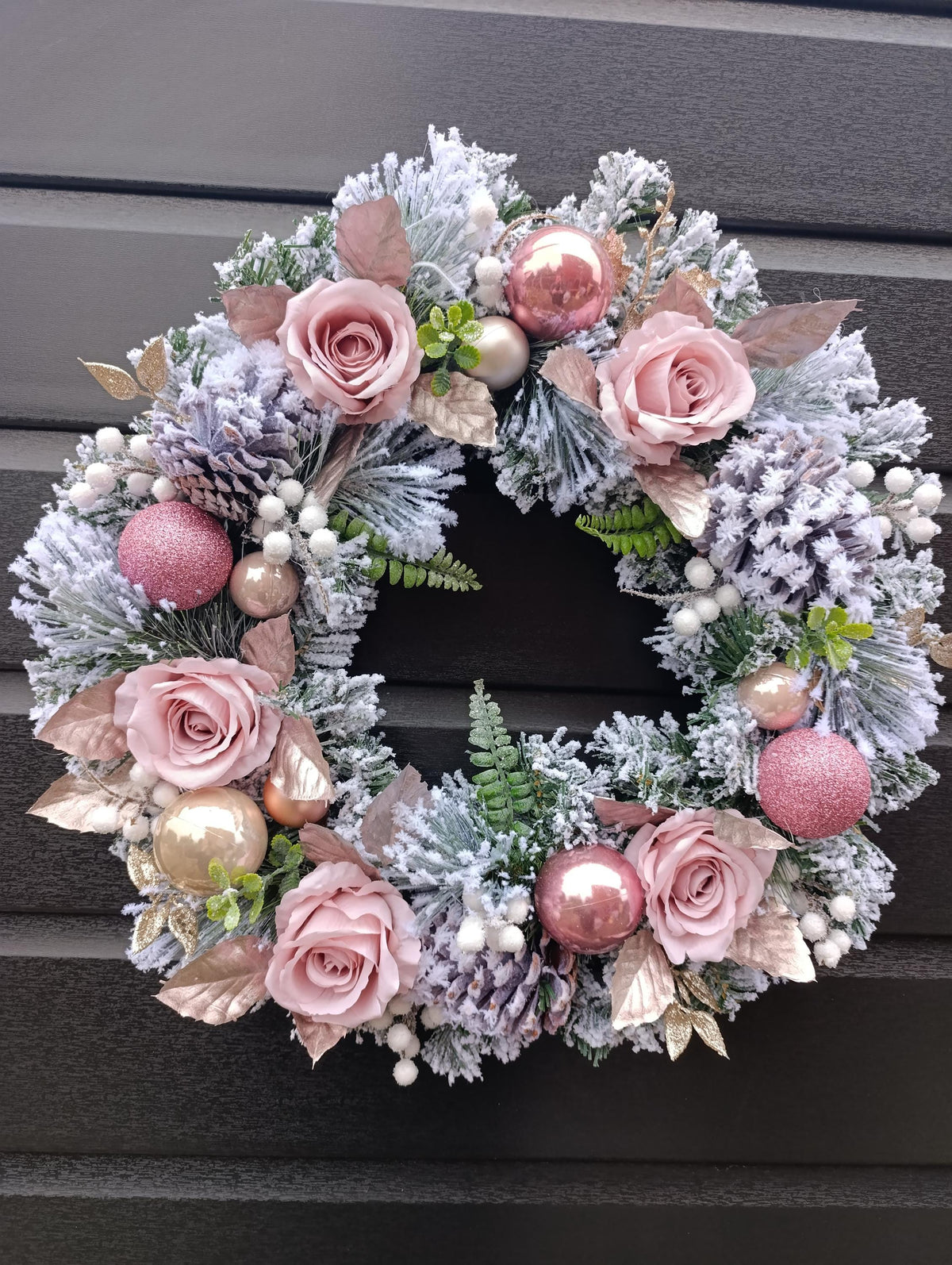 Pink, Flocked, Floral Christmas Wreath (50cm or 60cm) in choice of Baby Pink or Dusty Pink
