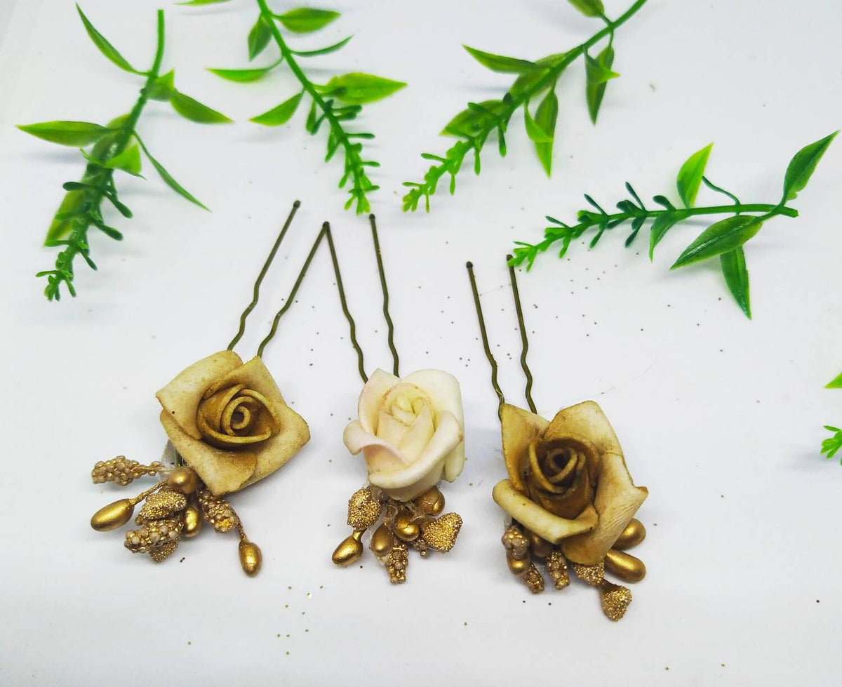 Bridal hair set, Gold coloured floral hair comb and clips