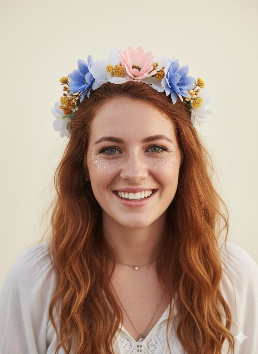 Pink, Blue and White, Wildflower Crown, Daisy Hair Wreath, Boho Flower Girl Accessory, Handcrafted Floral Headband for Weddings and Parties