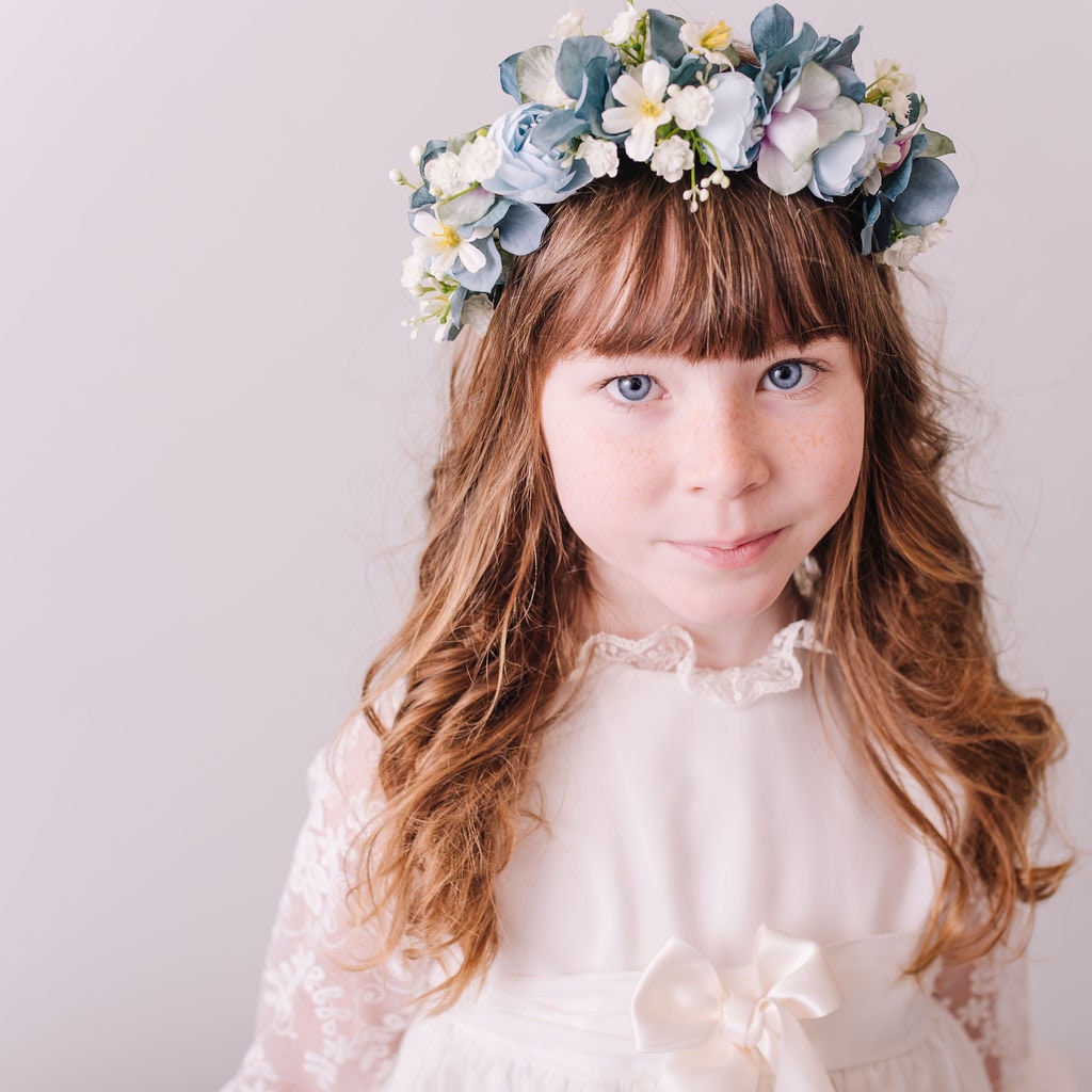 Child's Dusty Blue and Teal Flower Headband - Whimsical Vintage Style Floral Crown