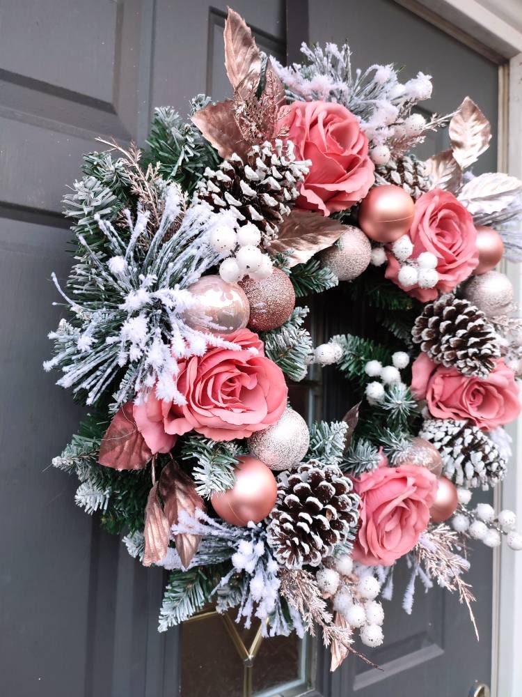 Christmas Rose Gold and Pink Flocked Floral Door Wreath