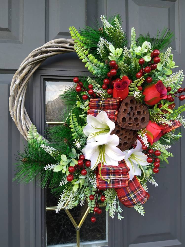 Christmas Door Wreath, traditional style with flowers