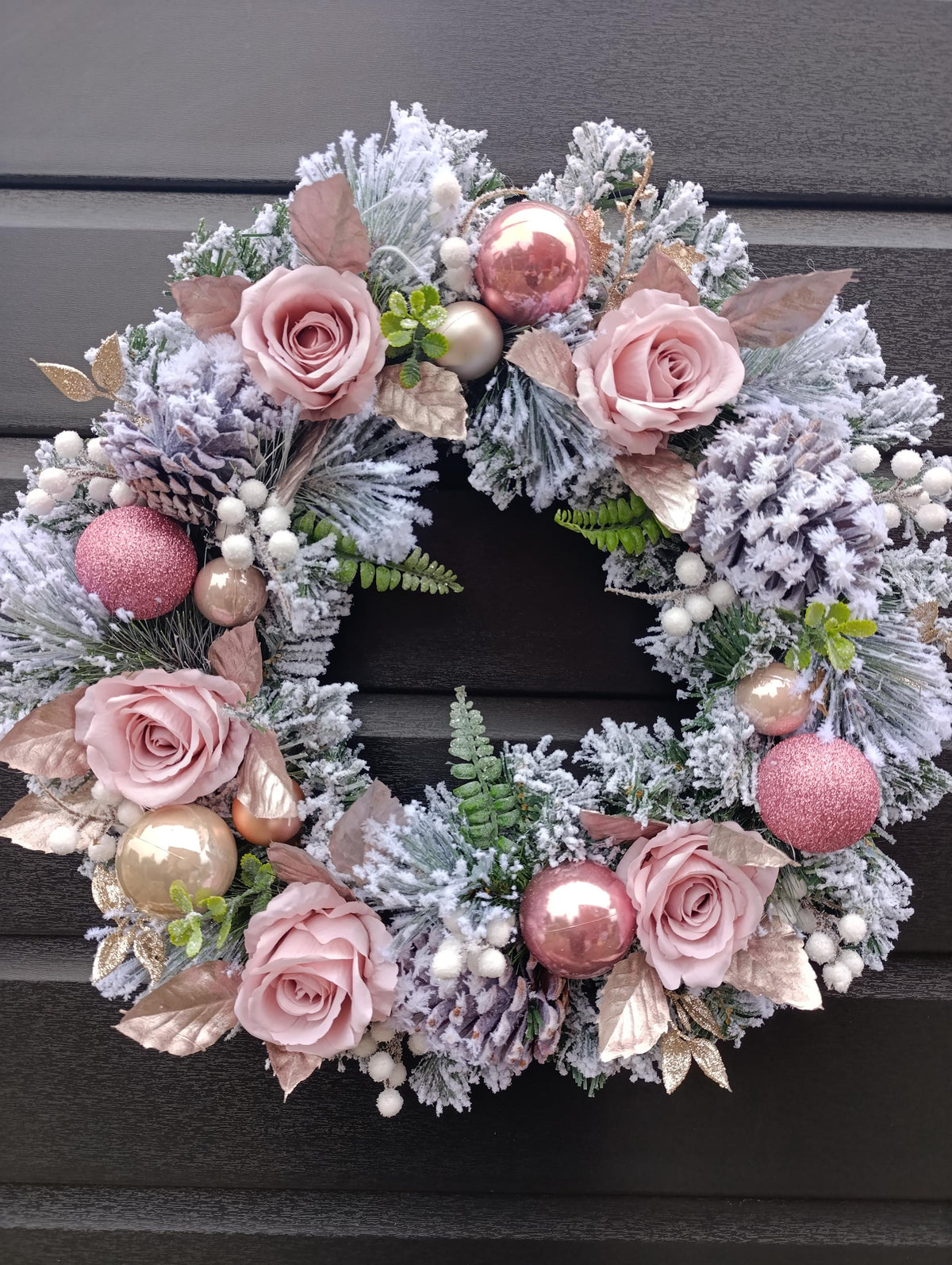 Pink, Flocked, Floral Christmas Wreath (50cm or 60cm) in choice of Baby Pink or Dusty Pink