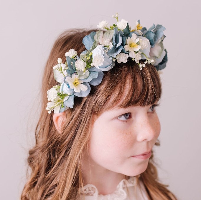 Child's Dusty Blue and Teal Flower Headband - Whimsical Vintage Style Floral Crown