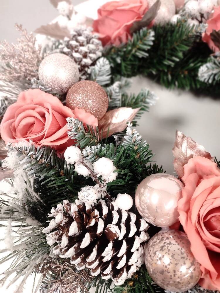 Christmas Rose Gold and Pink Flocked Floral Door Wreath