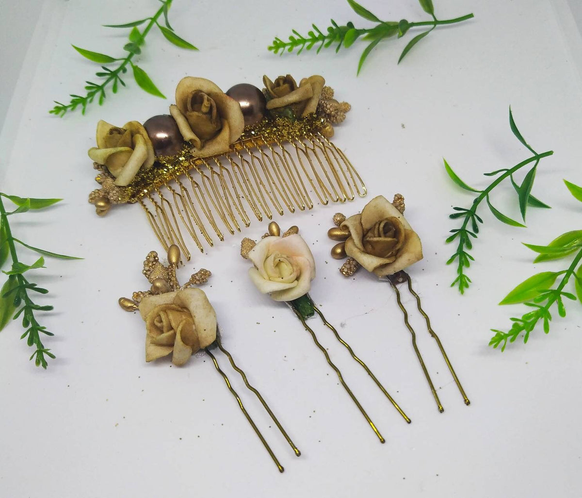 Bridal hair set, Gold coloured floral hair comb and clips