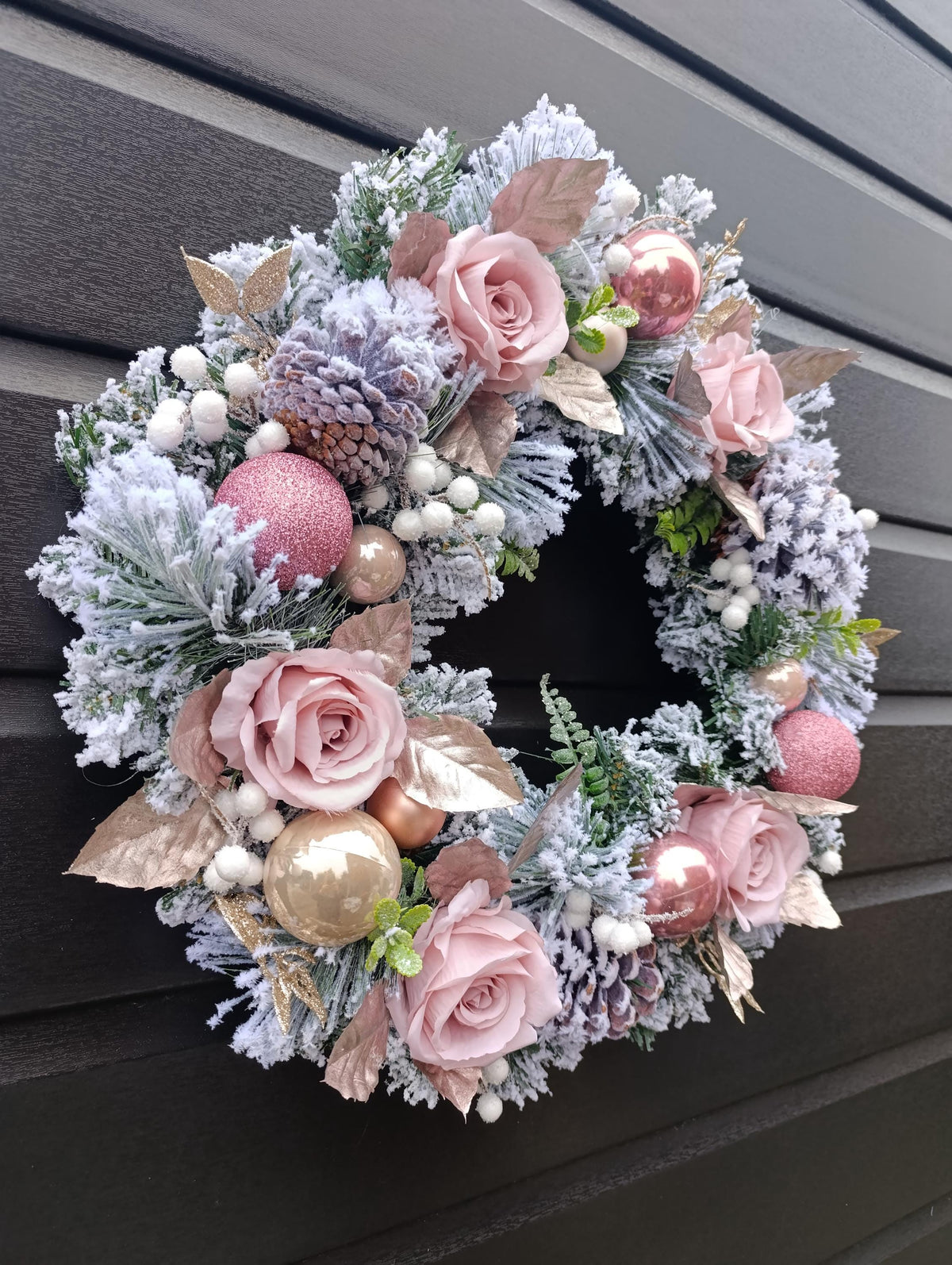 Pink, Flocked, Floral Christmas Wreath (50cm or 60cm) in choice of Baby Pink or Dusty Pink
