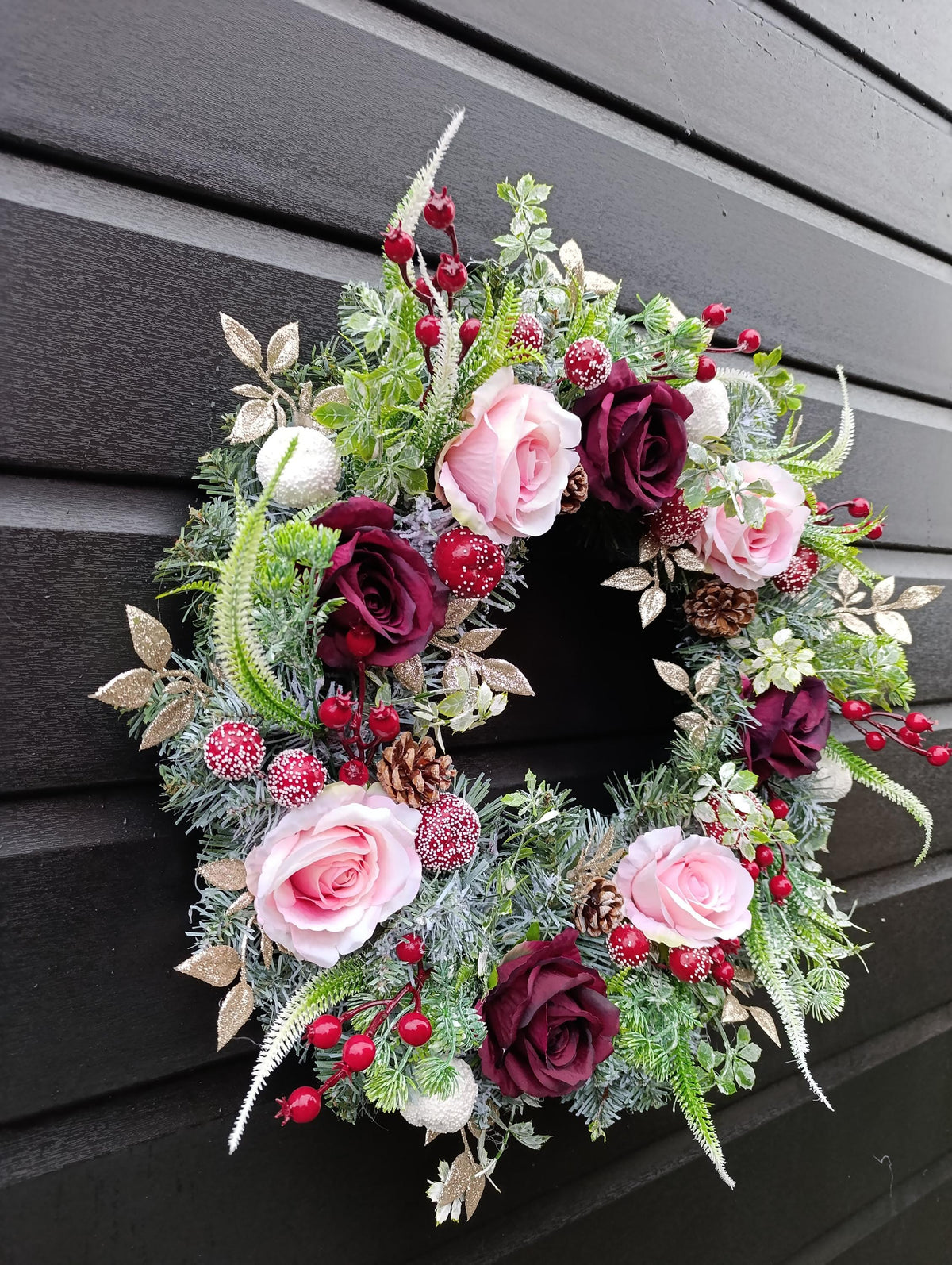Handmade Frosted Winter Wreath 50cm – Burgundy and Gold Door Wreath | Luxury Christmas and Autumn Decoration