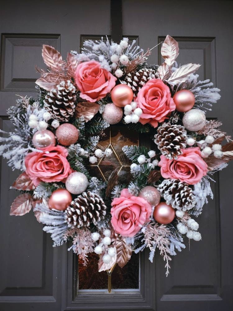 Christmas Rose Gold and Pink Flocked Floral Door Wreath