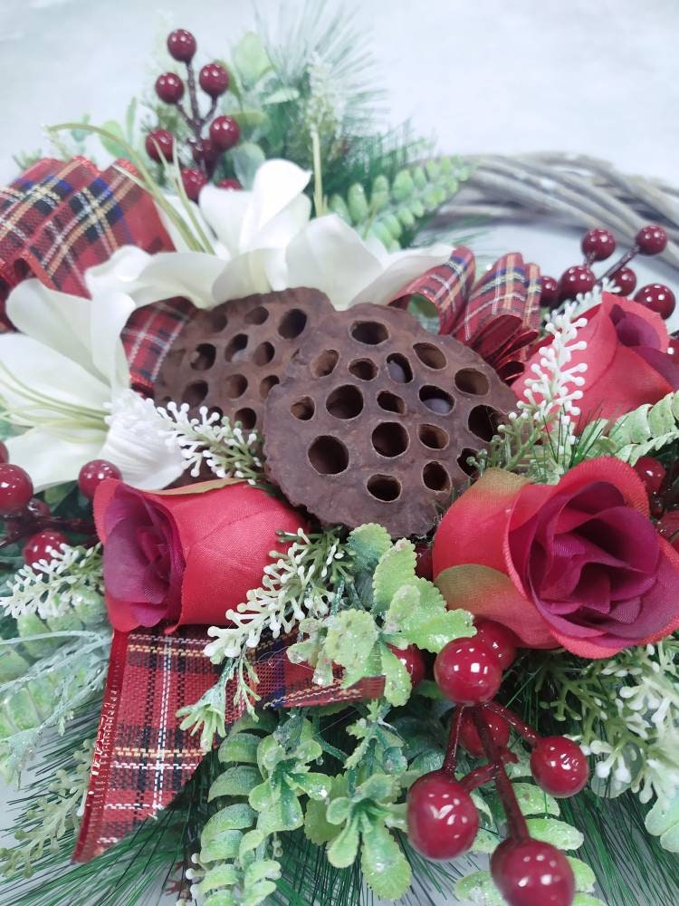 Christmas Door Wreath, traditional style with flowers