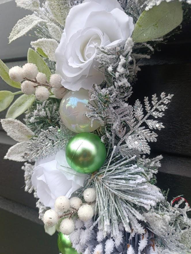 Luxury Flocked Christmas Wreath – Silver, White and Green Winter  Wreath with Roses, Pine Cones and Baubles – Elegant Handmade UK Décor