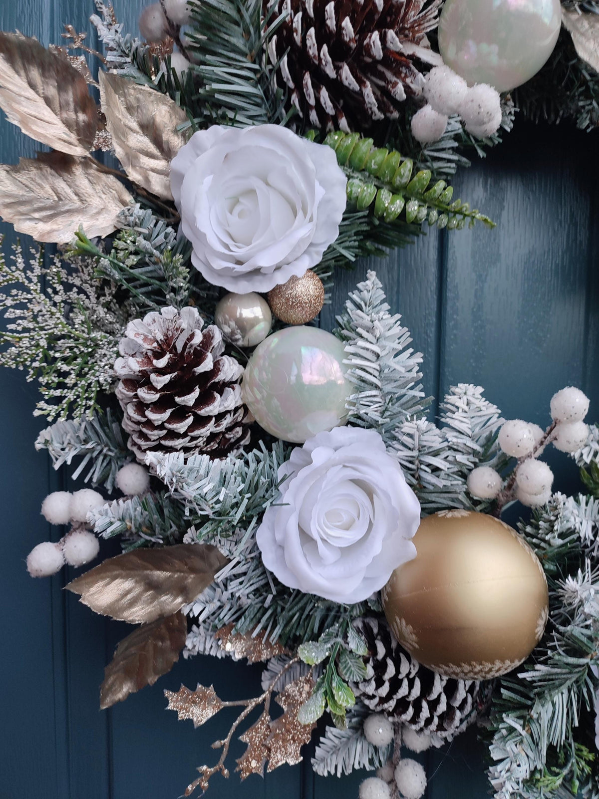 White Floral, Flocked Christmas Wreath