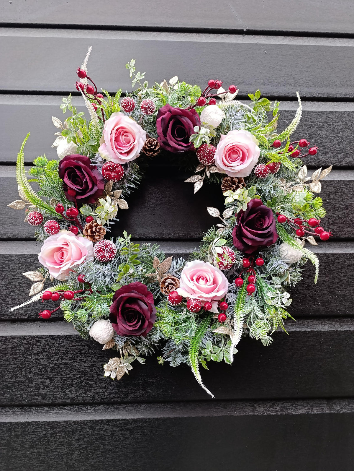 Handmade Frosted Winter Wreath 50cm – Burgundy and Gold Door Wreath | Luxury Christmas and Autumn Decoration