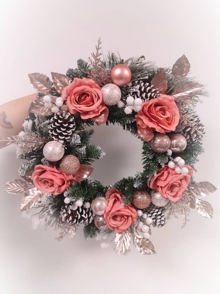 Christmas Rose Gold and Pink Flocked Floral Door Wreath