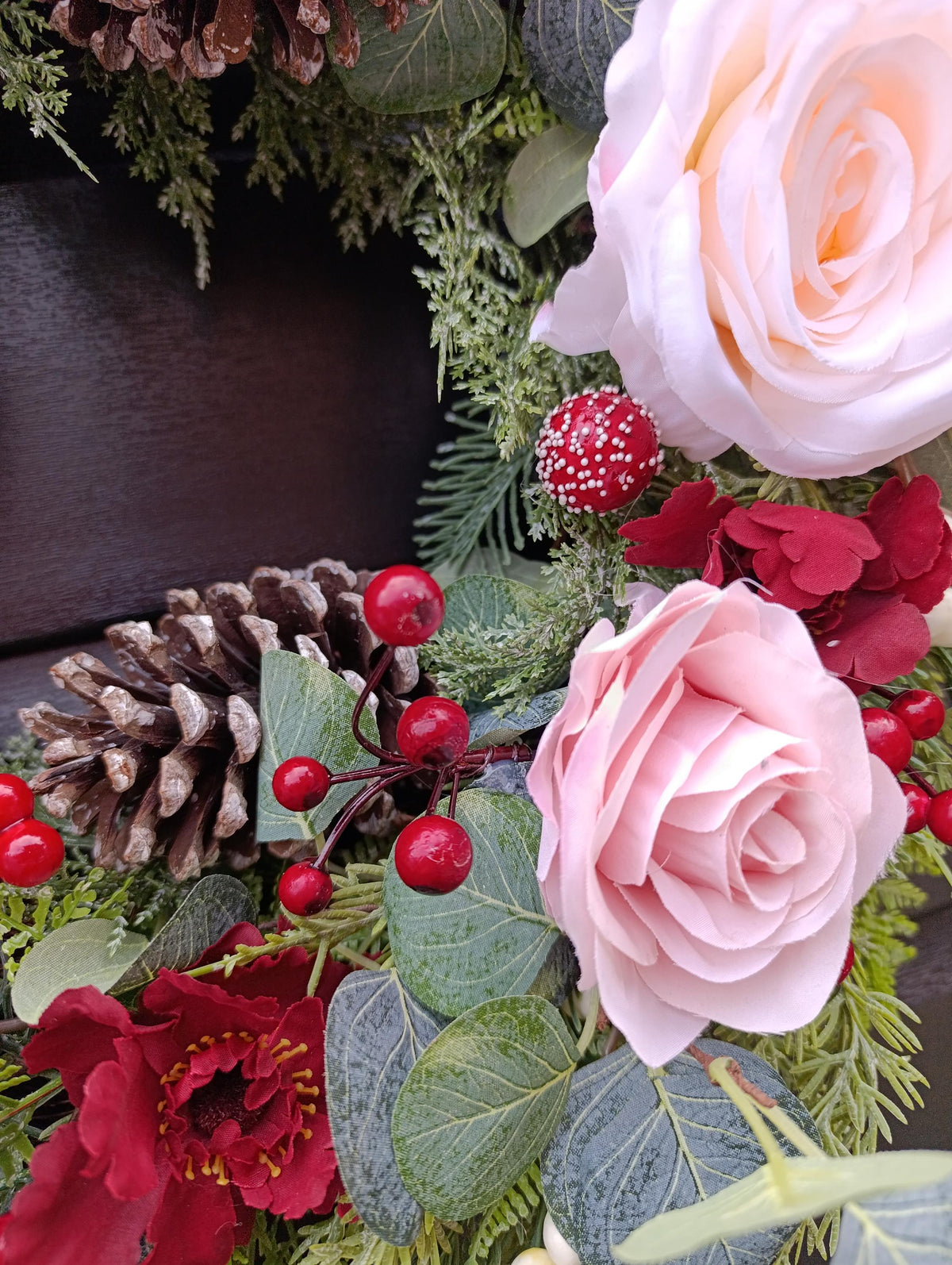 Pink & Burgundy Rose Wreath - Winter wreath with realistic textured greenery