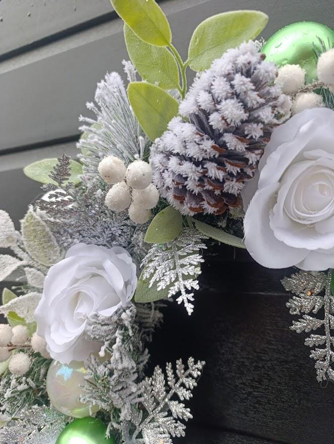 Luxury Flocked Christmas Wreath – Silver, White and Green Winter  Wreath with Roses, Pine Cones and Baubles – Elegant Handmade UK Décor