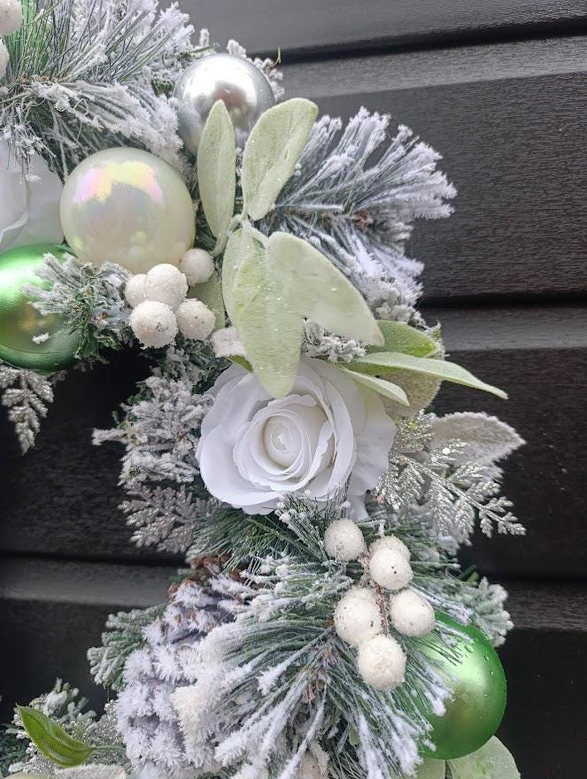 Luxury Flocked Christmas Wreath – Silver, White and Green Winter  Wreath with Roses, Pine Cones and Baubles – Elegant Handmade UK Décor