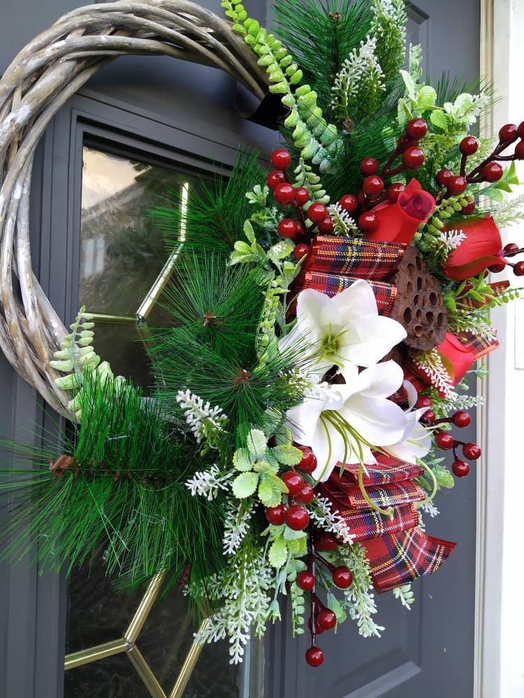 Christmas Door Wreath, traditional style with flowers
