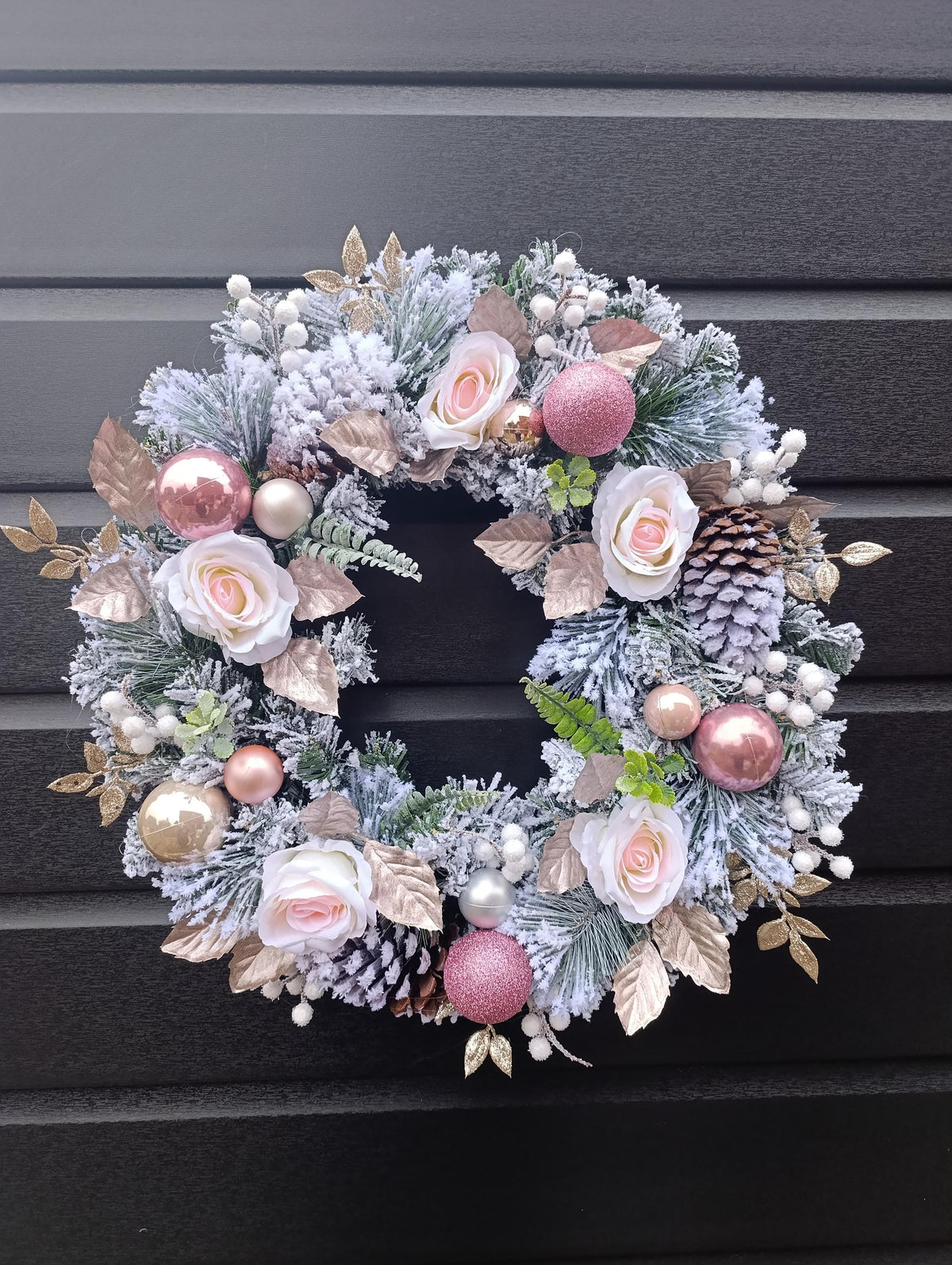 Pink, Flocked, Floral Christmas Wreath (50cm or 60cm) in choice of Baby Pink or Dusty Pink