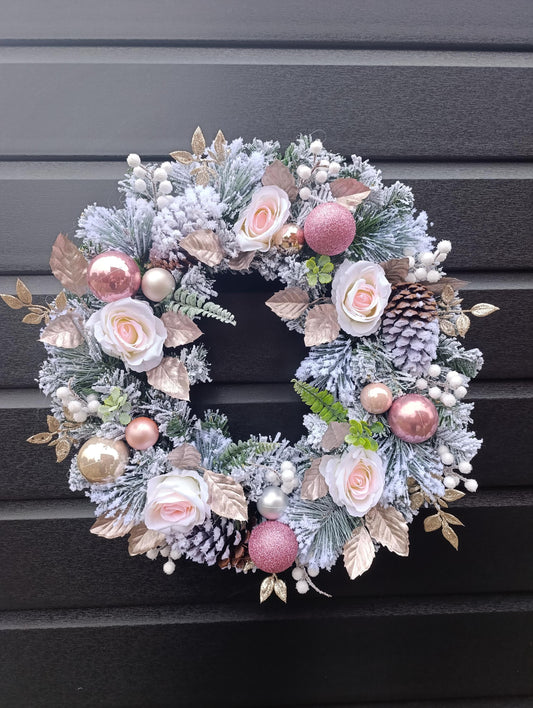 Pink, Flocked, Floral Christmas Wreath (50cm or 60cm) in choice of Baby Pink or Dusty Pink