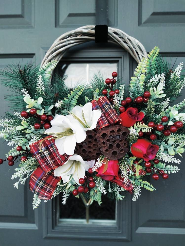 Christmas Door Wreath, traditional style with flowers