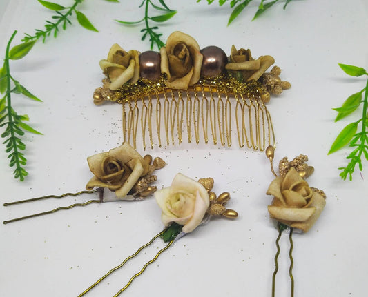 Bridal hair set, Gold coloured floral hair comb and clips