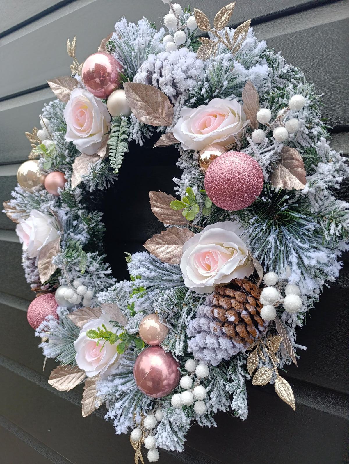 Pink, Flocked, Floral Christmas Wreath (50cm or 60cm) in choice of Baby Pink or Dusty Pink