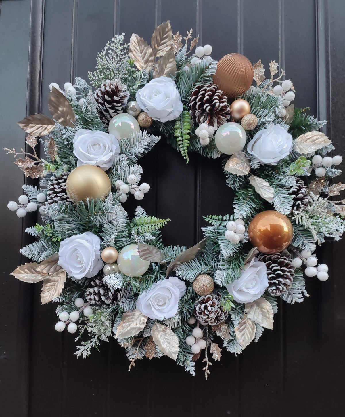 White Floral, Flocked Christmas Wreath
