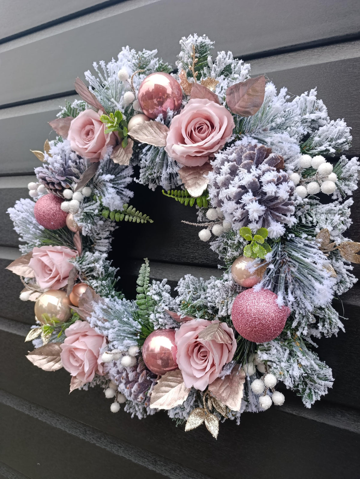 Pink, Flocked, Floral Christmas Wreath (50cm or 60cm) in choice of Baby Pink or Dusty Pink