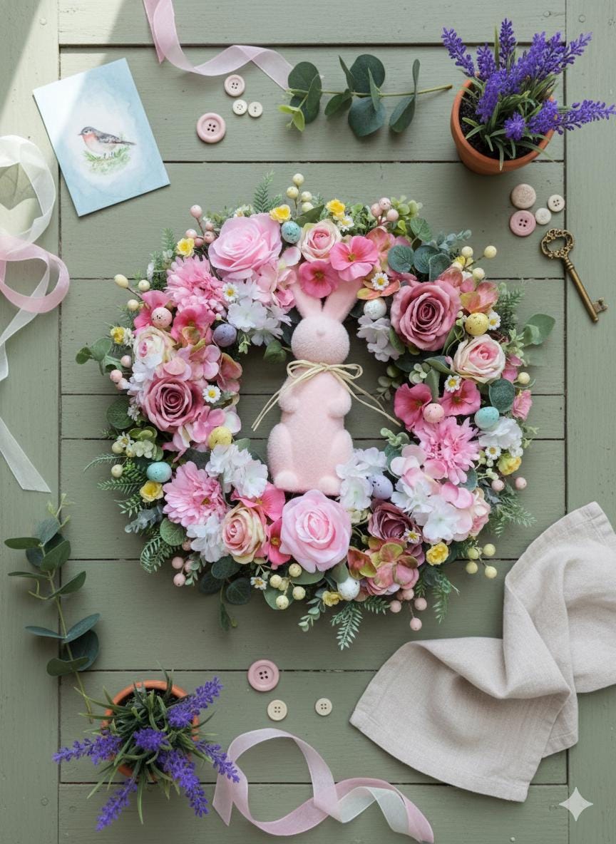 Luxury Easter Bunny Front Door Wreath, 50cm Pink and Cream Spring Floral Decor, Handmade and weather protected