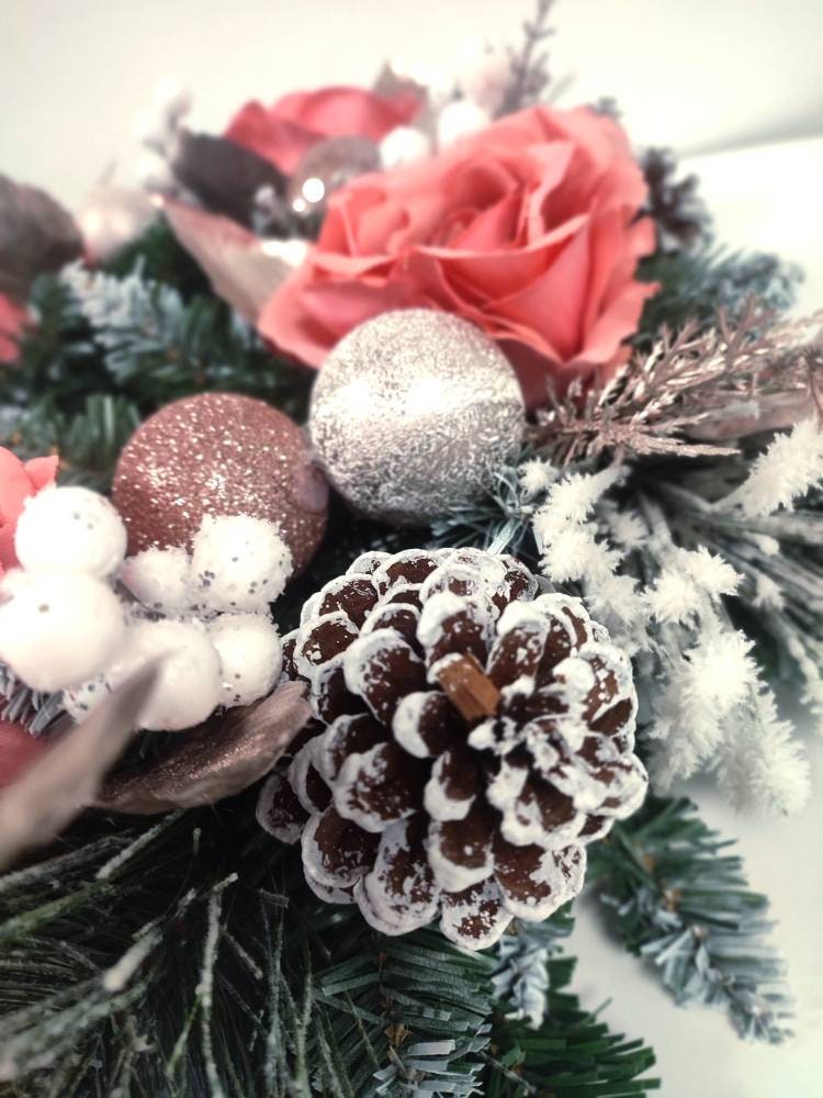 Christmas Rose Gold and Pink Flocked Floral Door Wreath