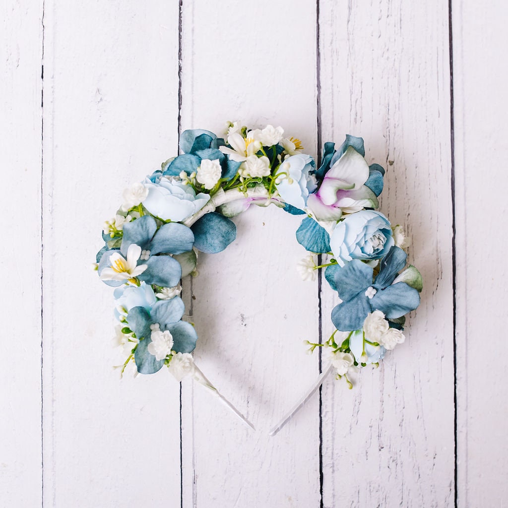 Child's Dusty Blue and Teal Flower Headband - Whimsical Vintage Style Floral Crown
