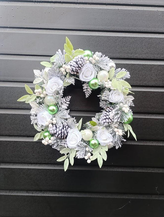 Luxury Flocked Christmas Wreath – Silver, White and Green Winter  Wreath with Roses, Pine Cones and Baubles – Elegant Handmade UK Décor