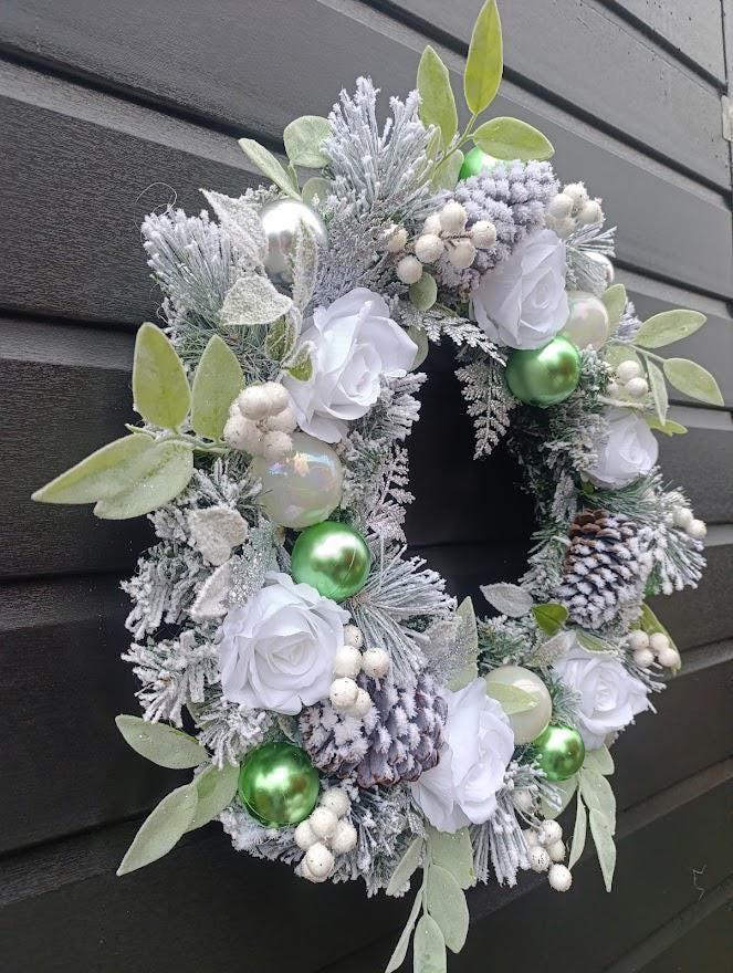Luxury Flocked Christmas Wreath – Silver, White and Green Winter  Wreath with Roses, Pine Cones and Baubles – Elegant Handmade UK Décor