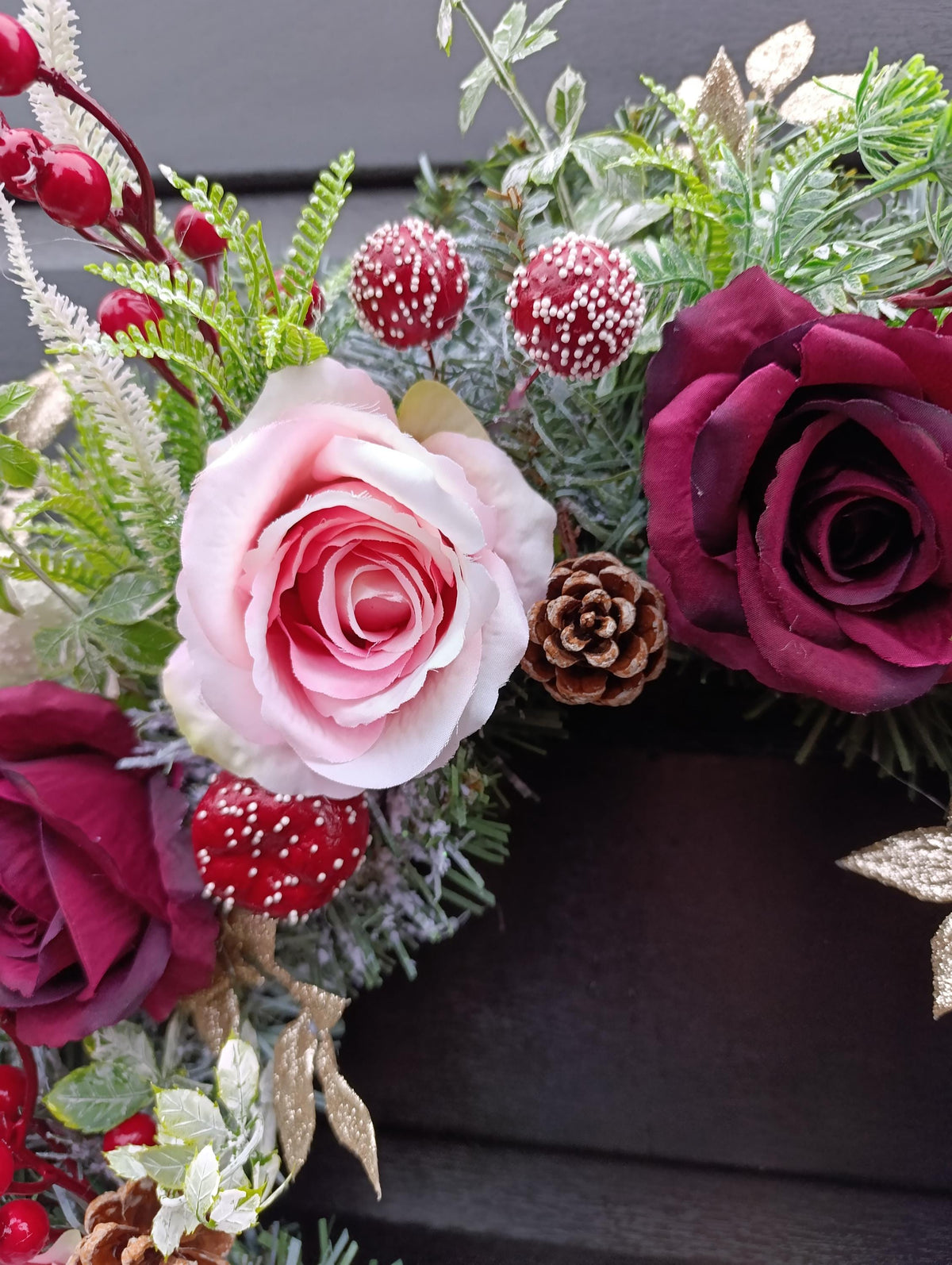 Handmade Frosted Winter Wreath 50cm – Burgundy and Gold Door Wreath | Luxury Christmas and Autumn Decoration