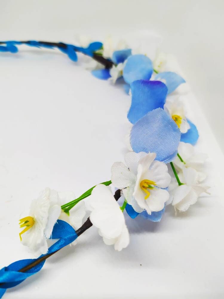 Blue & white adjustable flower crown, delicate artificial flower garland, perfect for festivals, parties, and bridal showers